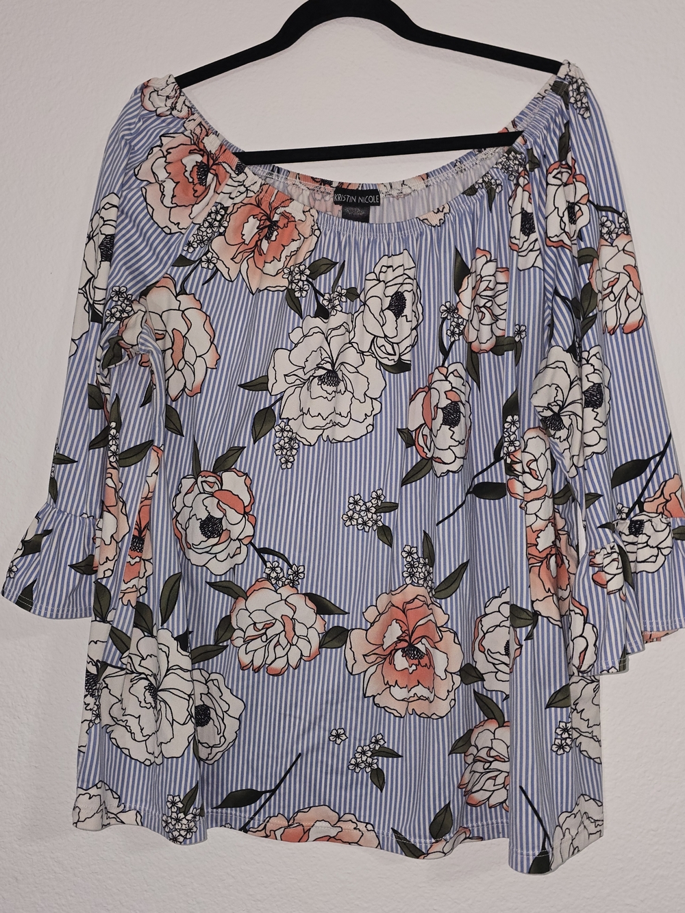 Striped Blue Floral Off-Shoulder Blouse
